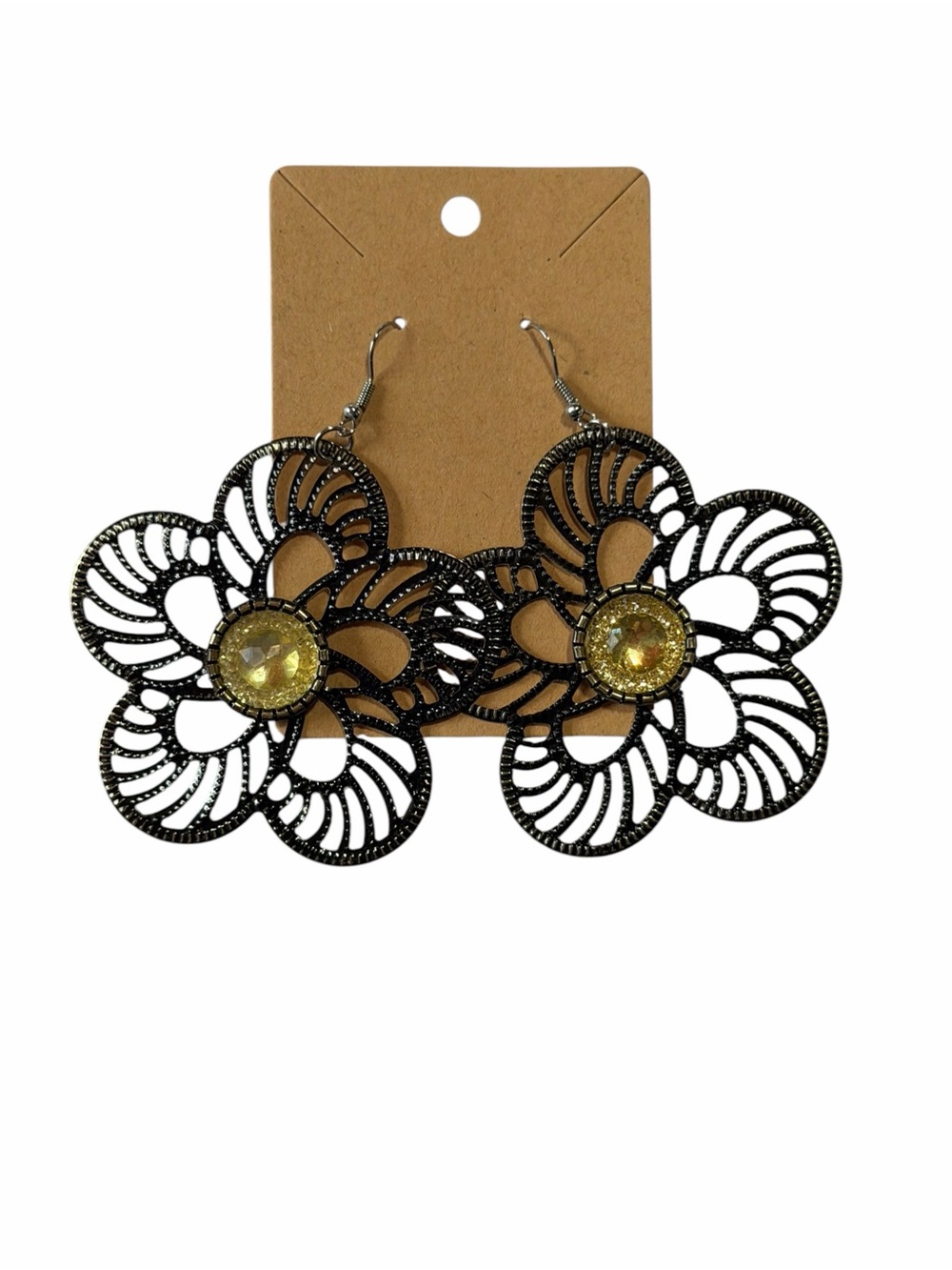 Black Floral Filigree Earrings with Yellow Gemstone